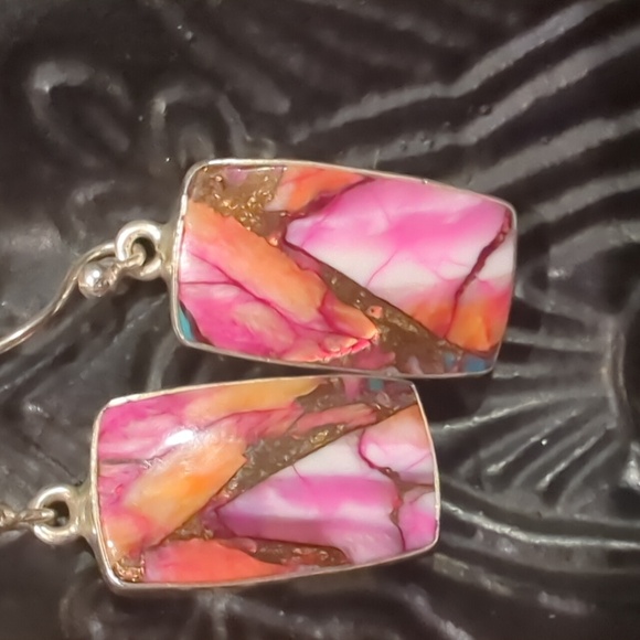 Southwest Pink Dahlia Sterling Silver Earrings - Picture 2 of 7